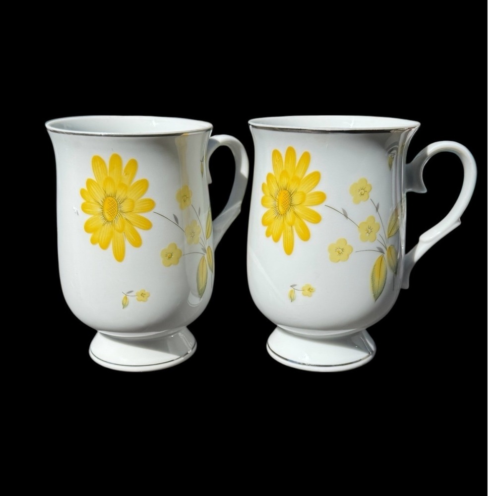 Vintage Sheffield Fine China Sunshine Yellow Floral Mugs Set of 2 Japan 1970